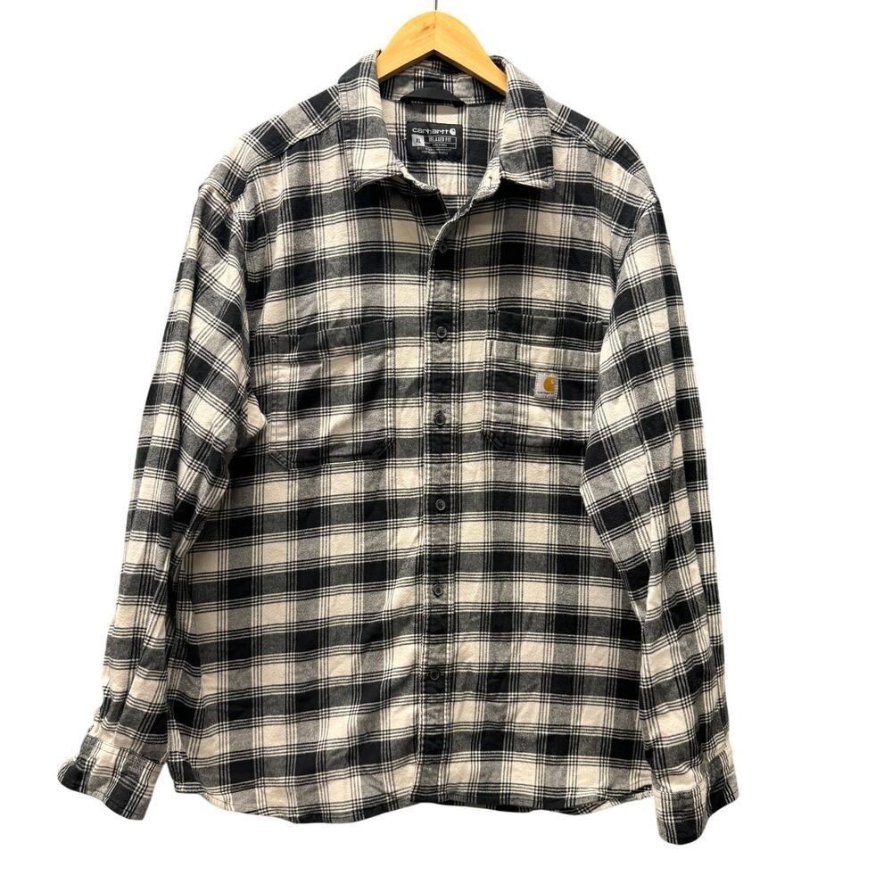 Carhartt Flannel Shirt Relaxed Fit Black Plaid Button Up Rugged Flex Mens XL
